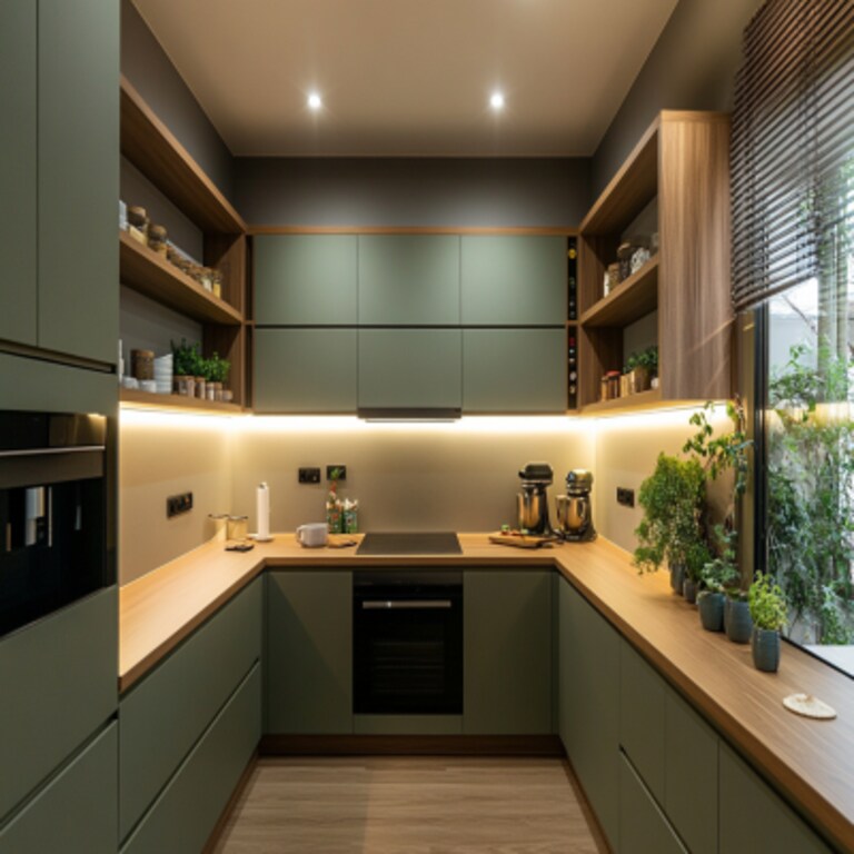 Sage Green Modern U-Shaped Kitchen Design with Suede Finish