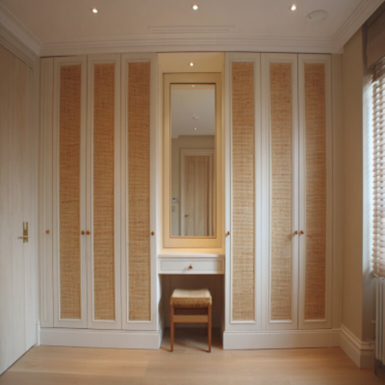 Scandinavian 6-Door Autumn Leaf And Rattan Swing Wardrobe Design With  Dressing Table
