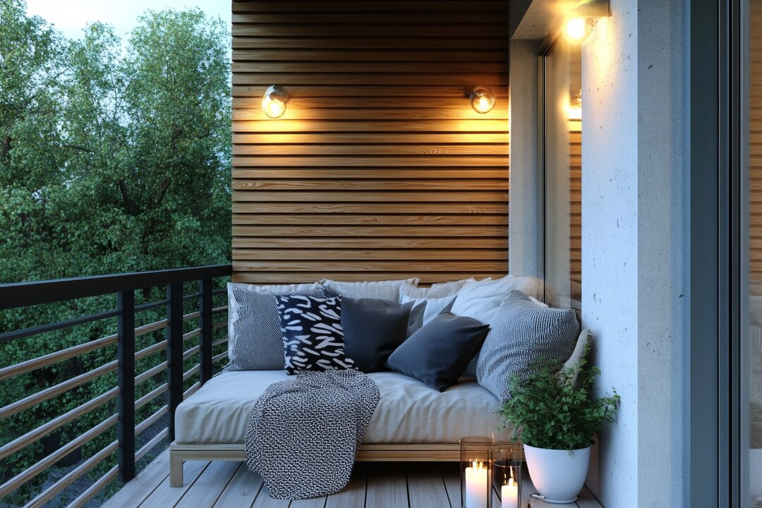 Photo inspiration: Picture Idea: Scandinavian Balcony Design With Wooden Grooved Panel Wall