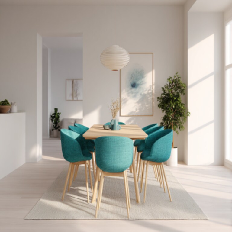 Scandinavian Dining Room Design With Teal Chairs and Wooden Table