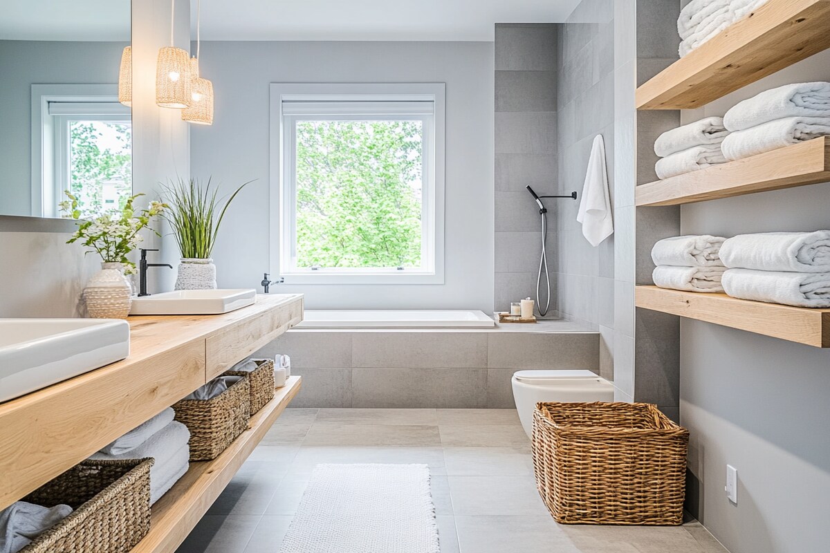 Scandinavian Grey Bathroom Design with Floating Vanity and Open Shelving Scandinavian Grey Bathroom Design with Floating Vanity and Open Shelving