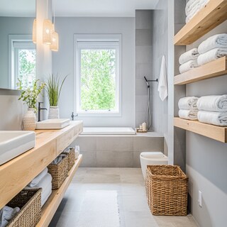 Scandinavian Grey Bathroom Design with Floating Vanity and Open Shelving