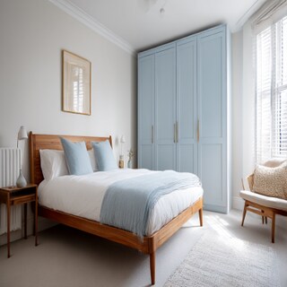 Scandinavian Master Bedroom Design with Wooden King Bed and Blue Wardrobe