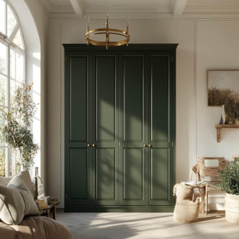 Shaker Style 4-Door Forest Green Swing Wardrobe Design With Matte Finish