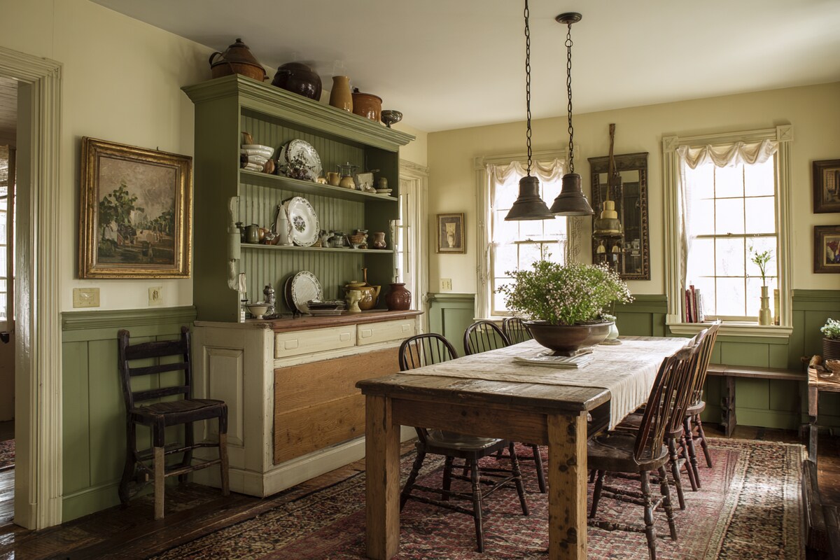 Simple Olive and Cream Wall Colour Combination for Dining Room with Wooden Hutch and Antique Lamps