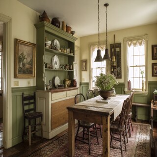 Simple Olive and Cream Wall Colour Combination for Dining Room with Wooden Hutch and Antique Lamps