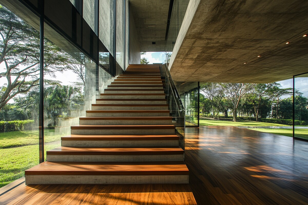 Modern Straight Staircase Design with Wood Concrete and Glass Modern Straight Staircase Design with Wood Concrete and Glass