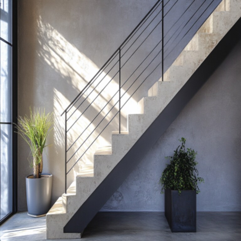 Industrial Straight Staircase Design in Metal and Concrete