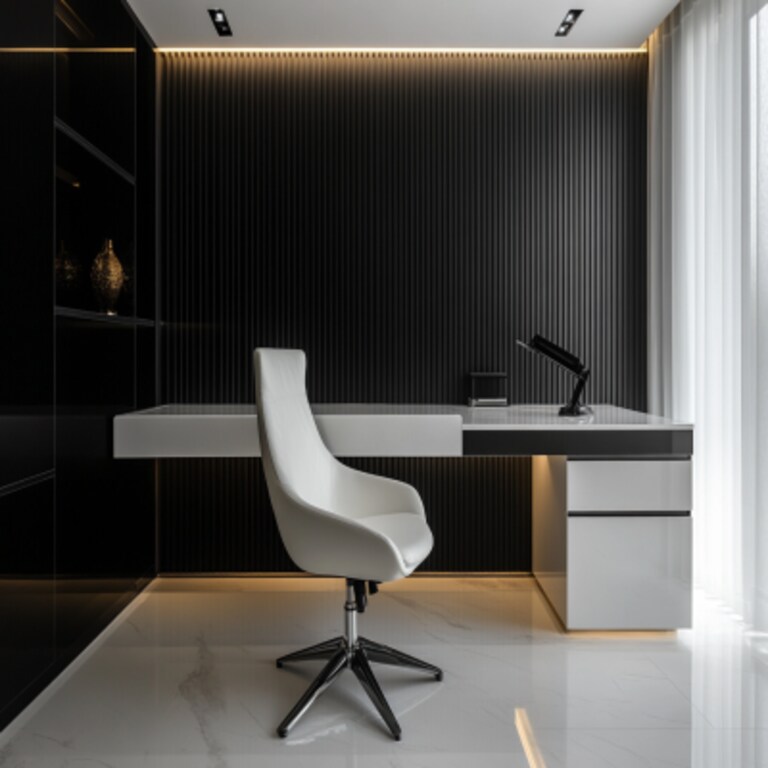 Contemporary Black and White Study Room Design with PVC Fluted Panels Contemporary Black and White Study Room Design with PVC Fluted Panels