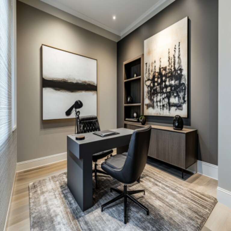 Contemporary Study Room Design with Grey and Wood Study Table and Black Swivel Chair Contemporary Study Room Design with Grey and Wood Study Table and Black Swivel Chair