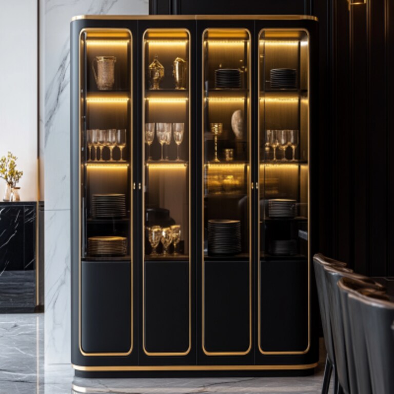 Modern Crockery Unit Design with Glass-Front Shutter Modern Crockery Unit Design with Glass-Front Shutter