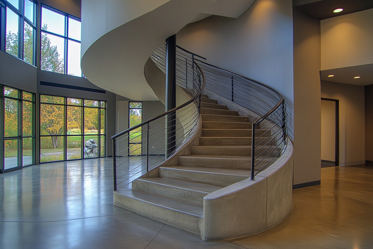 Modern Curved Spiral Staircase Design in Concrete and Metal Modern Curved Spiral Staircase Design in Concrete and Metal