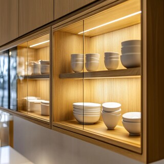 Contemporary Crockery Unit Design in Canadian Walnut Finish
