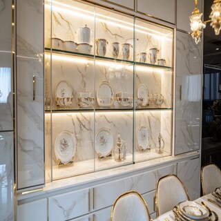 Luxury Crockery Unit Design with Marble Top and Gold Accents