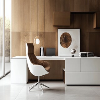 Minimalistic White and Brown Study Room Design with White Swivel Chair