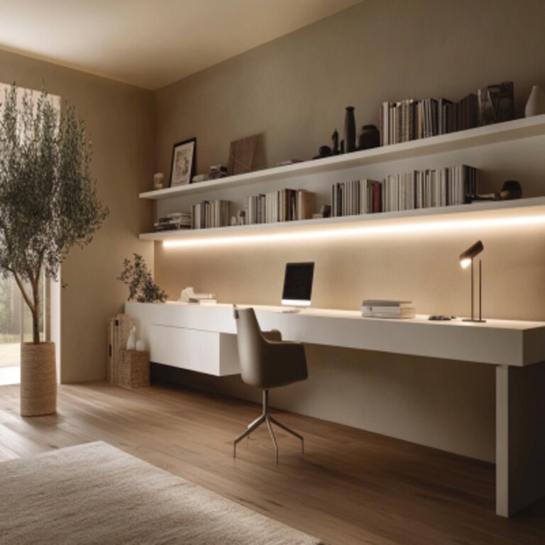 Modern White and Brown Study Room Design with Under-Ledge LED Lighting Modern White and Brown Study Room Design with Under-Ledge LED Lighting