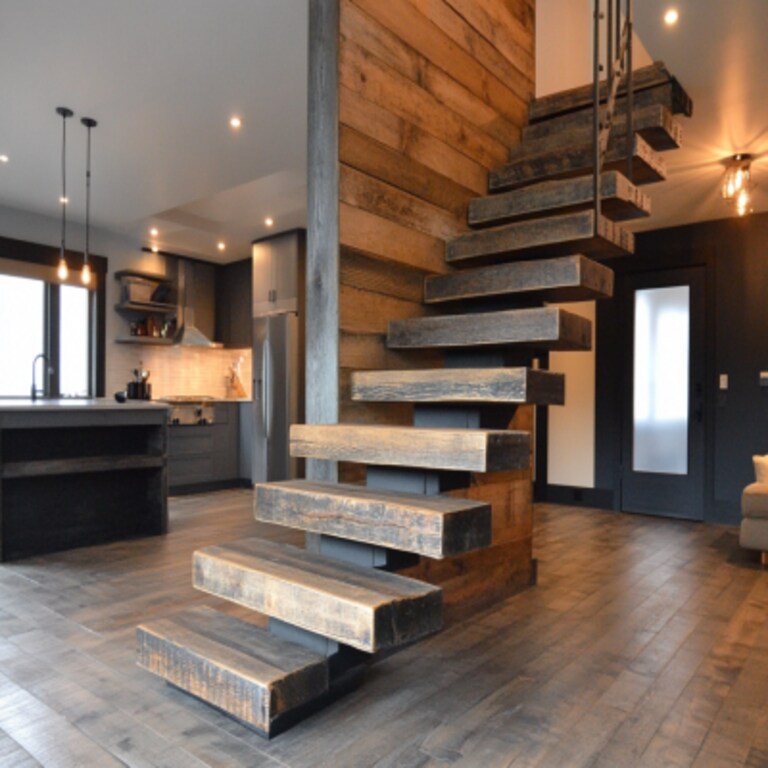 Rustic Floating Staircase Design Combining Wood and Metal Elements