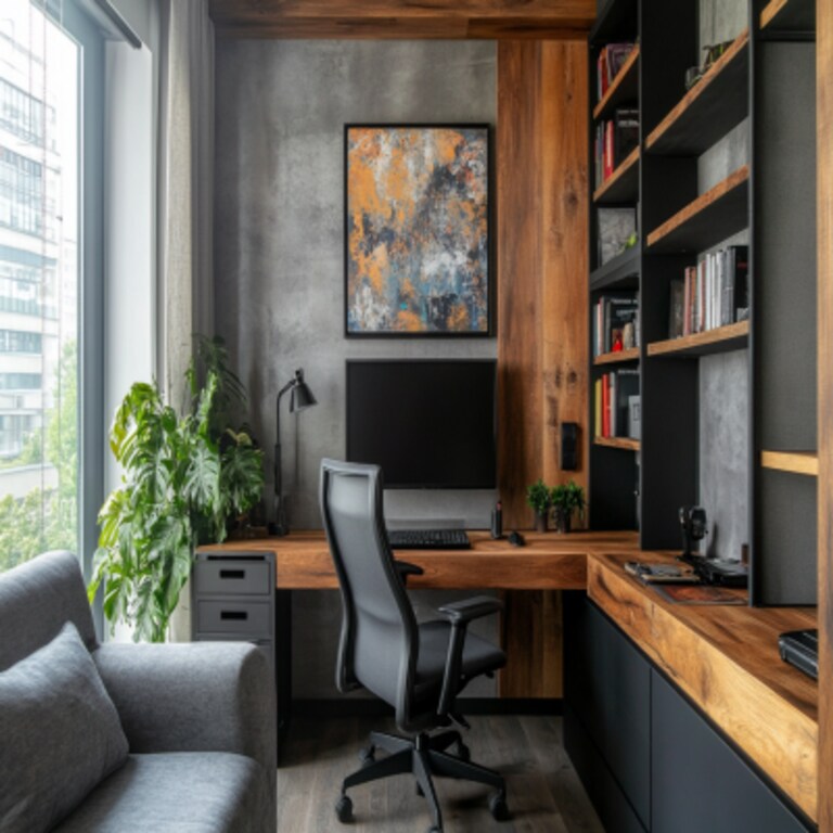 Rustic Study Room Design in Grey and Wood with Swivel Chair Rustic Study Room Design in Grey and Wood with Swivel Chair