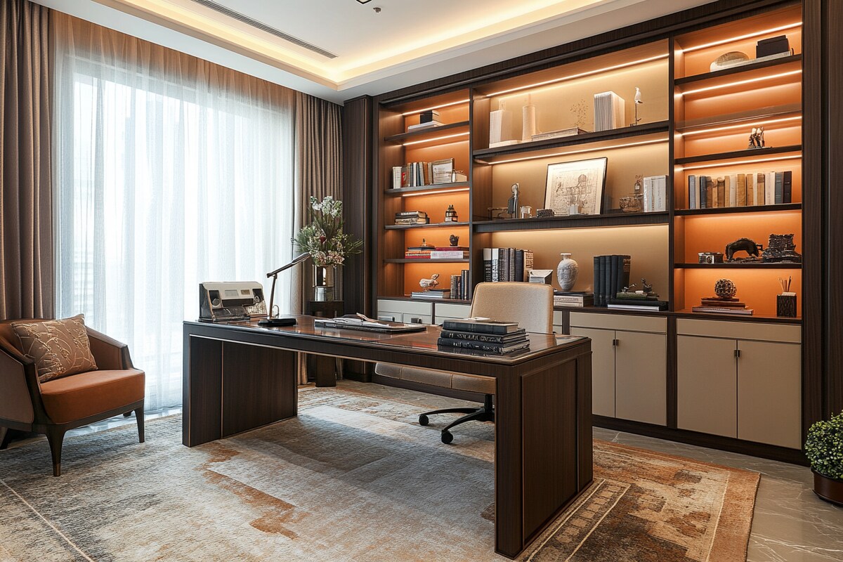 Modern Sand Satin-Toned Study Room Design with Tall Storage Unit and Open Shelves