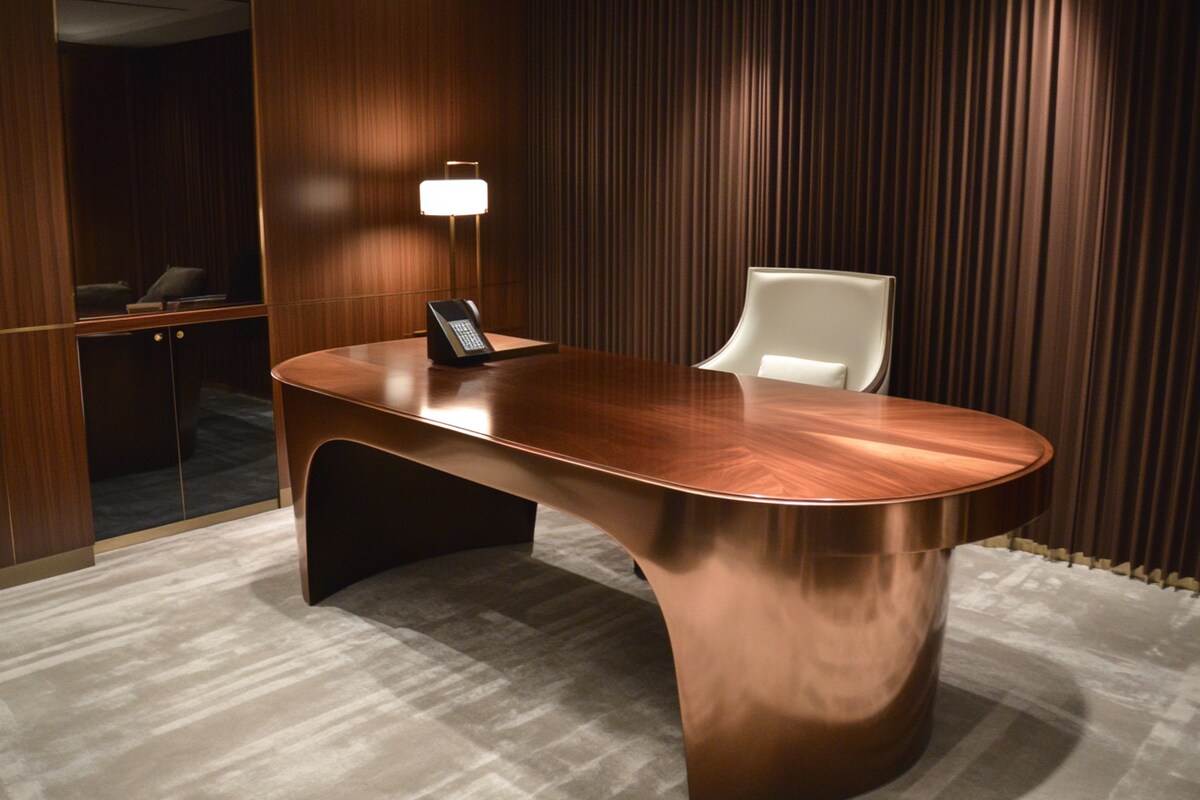 Modern Walnut Bronze and Frosty White Study Room Design with Wide Fluted Wall Backdrop Modern Walnut Bronze and Frosty White Study Room Design with Wide Fluted Wall Backdrop