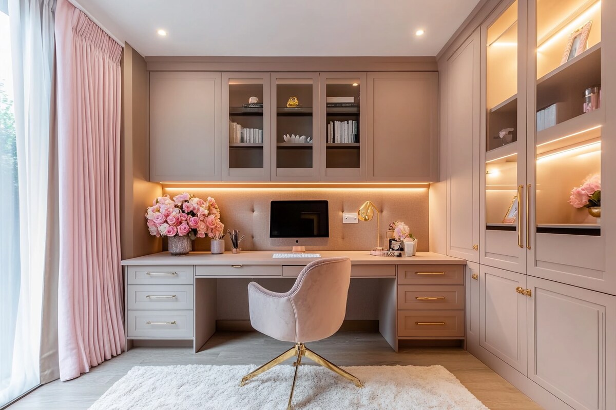 Modern Tan and Rose Pink Study Room Design with Tall Storage Units