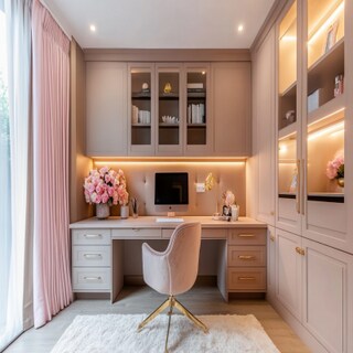 Modern Tan and Rose Pink Study Room Design with Tall Storage Units