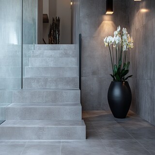 Contemporary Straight Staircase Design with Tile and Concrete