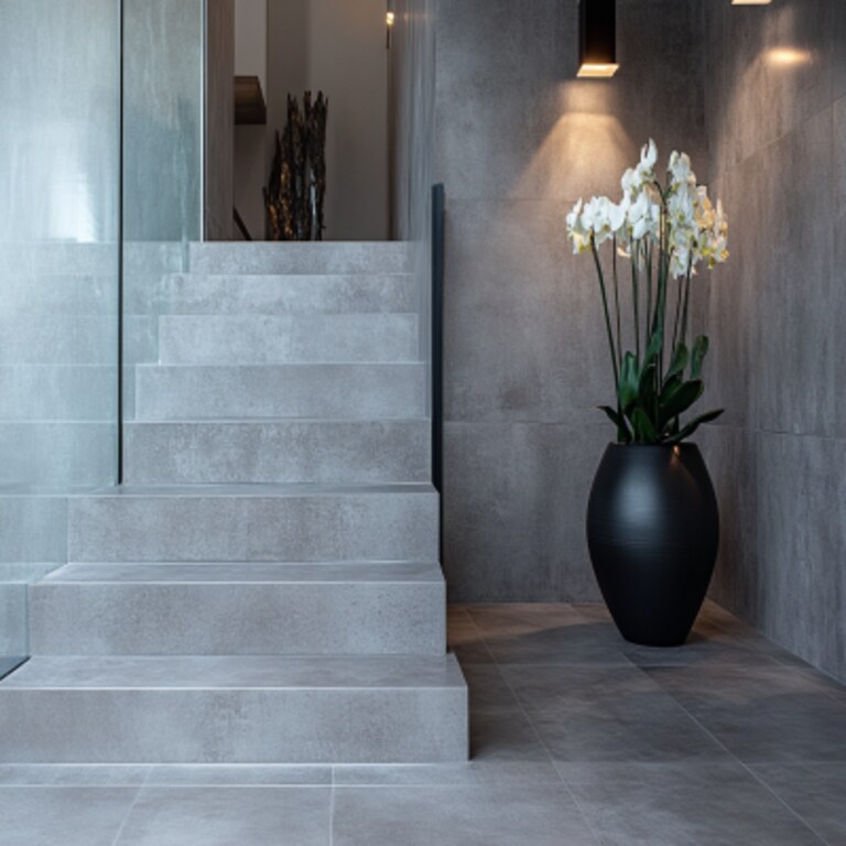 Contemporary Straight Staircase Design with Tile and Concrete