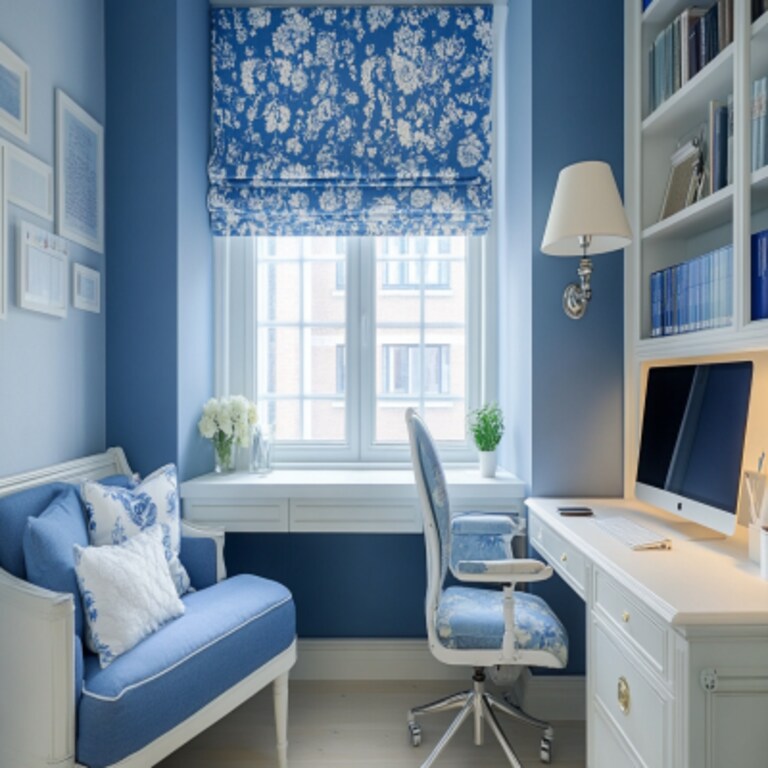Contemporary Blue and White Study Room Design in High-Gloss Finish Contemporary Blue and White Study Room Design in High-Gloss Finish