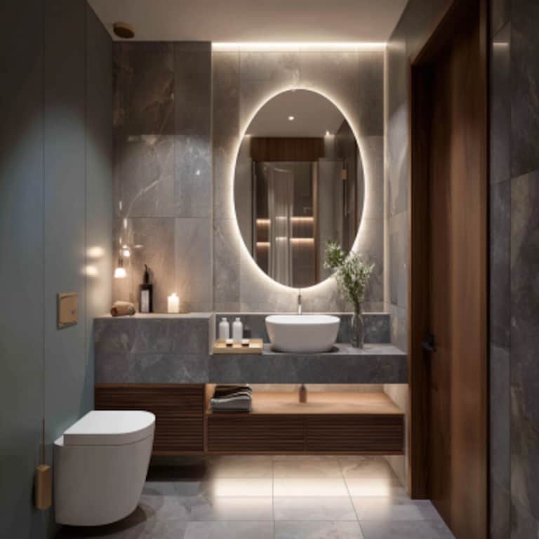Small Bathroom Idea With A Backlit Round Mirror