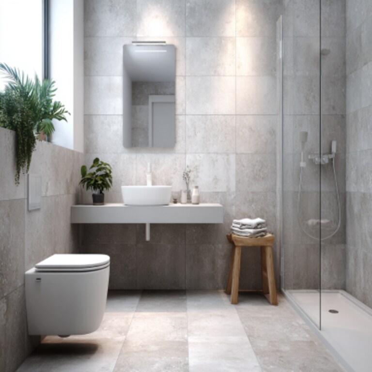 Small Bathroom Idea With Light Grey Wall Tiles