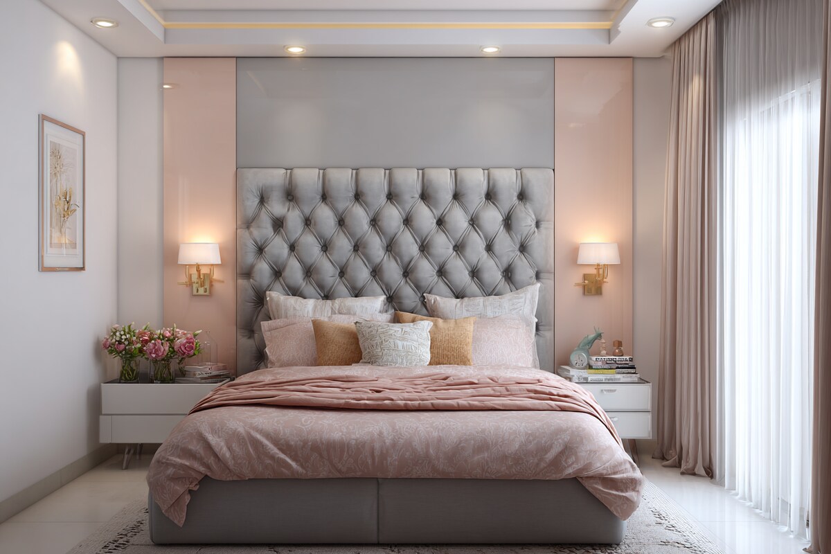 Small Grey and Peach Wall Colour Combination for Bedroom with Tufted Headboard and Wall Lamps Small Grey and Peach Wall Colour Combination for Bedroom with Tufted Headboard and Wall Lamps