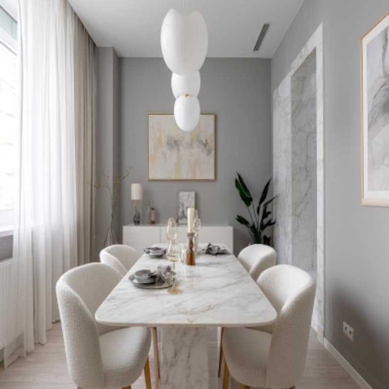 Small Grey and White Wall Colour Combination for Dining Room with Marble Table and Upholstered Chairs