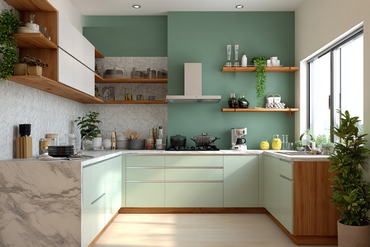Small White and Mint Wall Colour Combination for Kitchen with Floating Shelves and Quartz Countertop Small White and Mint Wall Colour Combination for Kitchen with Floating Shelves and Quartz Countertop