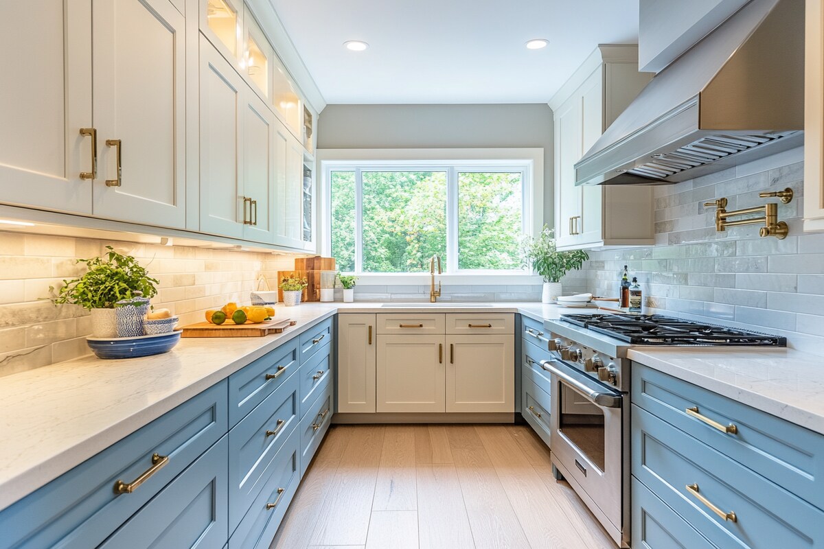 Soft Blue and Beige Modern U-Shaped Kitchen Design With Quartz Counter Soft Blue and Beige Modern U-Shaped Kitchen Design With Quartz Counter