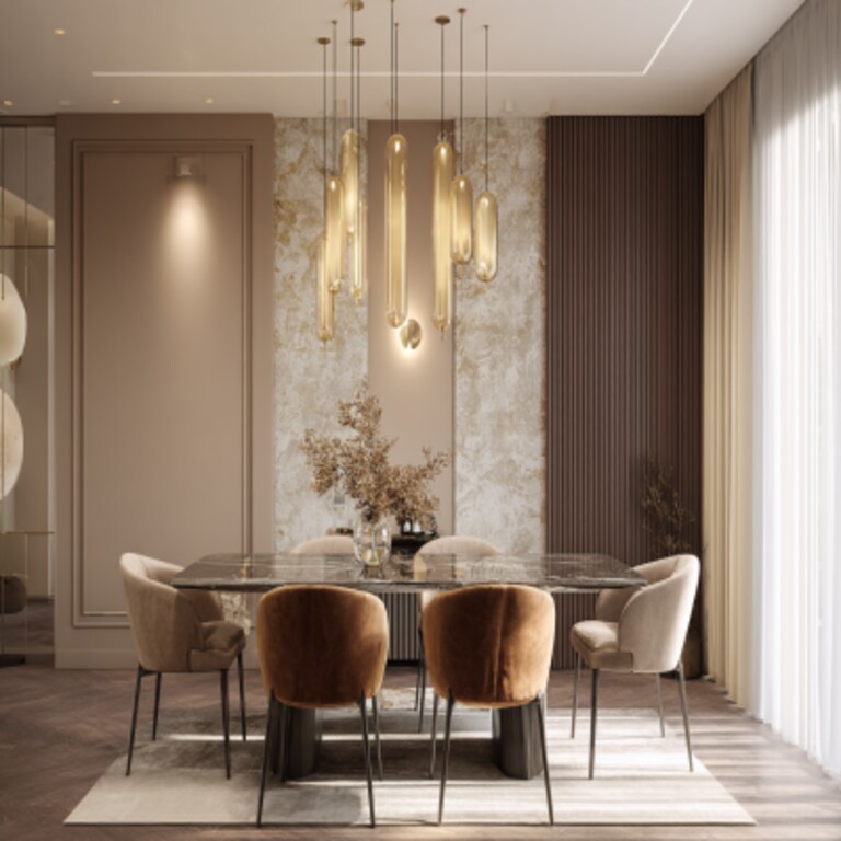 Sophisticated Beige and Brown Wall Colour Combination for Dining Room with Velvet Chairs and Glass Table Sophisticated Beige and Brown Wall Colour Combination for Dining Room with Velvet Chairs and Glass Table