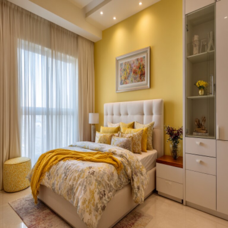 Sophisticated Yellow and White Wall Colour Combination for Bedroom with Accent Headboard and Glass Wardrobe Sophisticated Yellow and White Wall Colour Combination for Bedroom with Accent Headboard and Glass Wardrobe