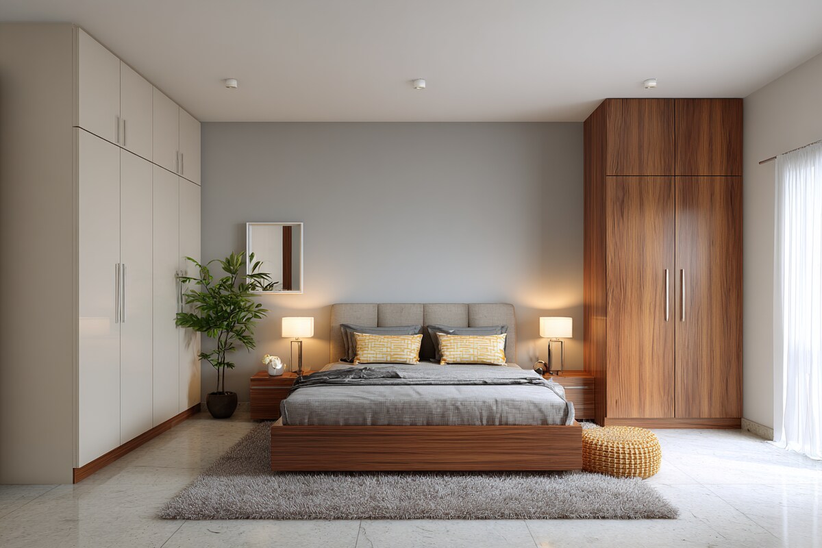 Spacious Light Grey and White Wall Colour Combination for Bedroom with Low Bed Frame and Wooden Wardrobe Spacious Light Grey and White Wall Colour Combination for Bedroom with Low Bed Frame and Wooden Wardrobe