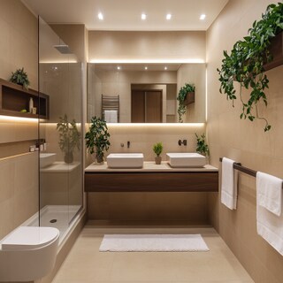 Spacious Modern Bathroom Design with Beige Tiles and Vanity