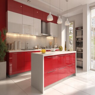 Spacious White and Red Wall Colour Combination for Kitchen with Slim Island and Modular Drawers