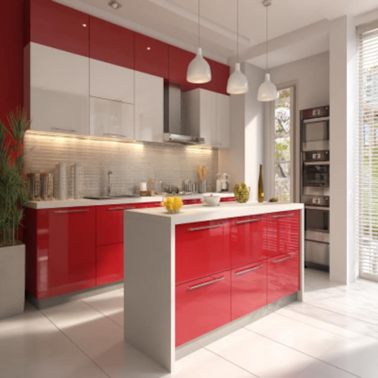 Spacious White and Red Wall Colour Combination for Kitchen with Slim Island and Modular Drawers