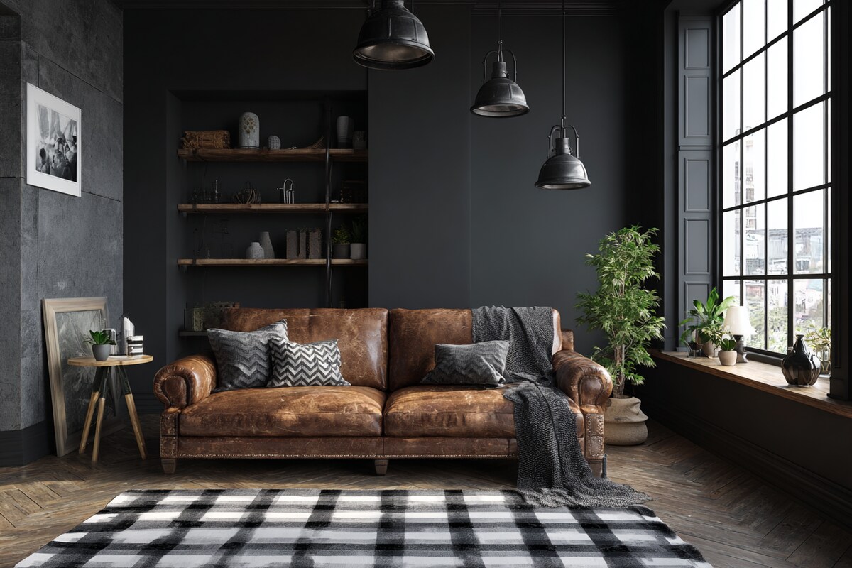 Stylish Black and White Wall Colour Combination for Living Room with Concrete Wall and Leather Sofa Stylish Black and White Wall Colour Combination for Living Room with Concrete Wall and Leather Sofa