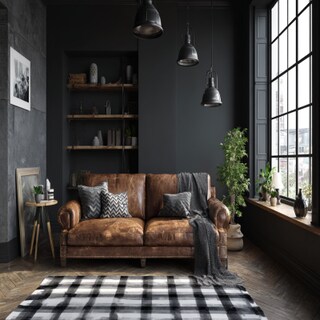 Stylish Black and White Wall Colour Combination for Living Room with Concrete Wall and Leather Sofa
