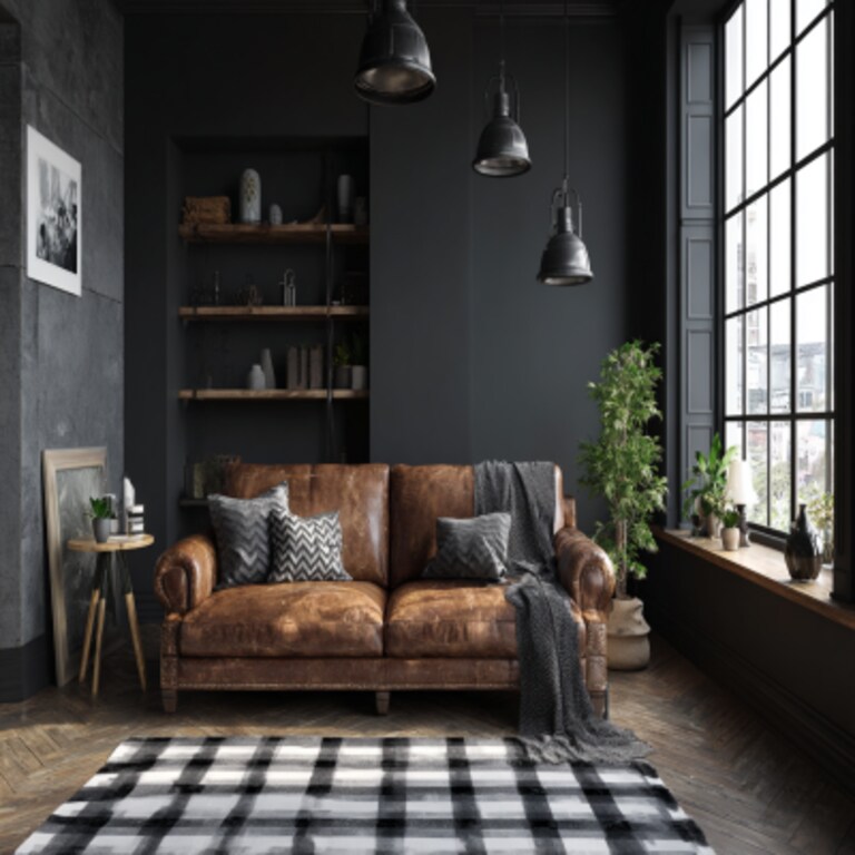 Stylish Black and White Wall Colour Combination for Living Room with Concrete Wall and Leather Sofa