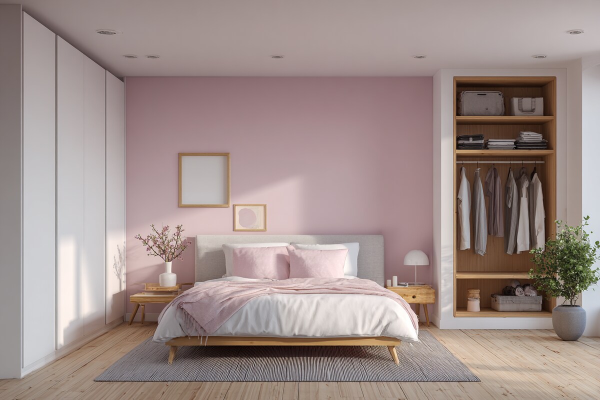 Stylish Pastel Pink and White Wall Colour Combination for Bedroom with Wooden Nightstand and Open Wardrobe Stylish Pastel Pink and White Wall Colour Combination for Bedroom with Wooden Nightstand and Open Wardrobe