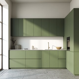 Stylish White and Green Wall Colour Combination for Kitchen with Slim Cabinets and Hidden Storage