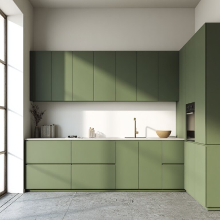 Stylish White and Green Wall Colour Combination for Kitchen with Slim Cabinets and Hidden Storage Stylish White and Green Wall Colour Combination for Kitchen with Slim Cabinets and Hidden Storage