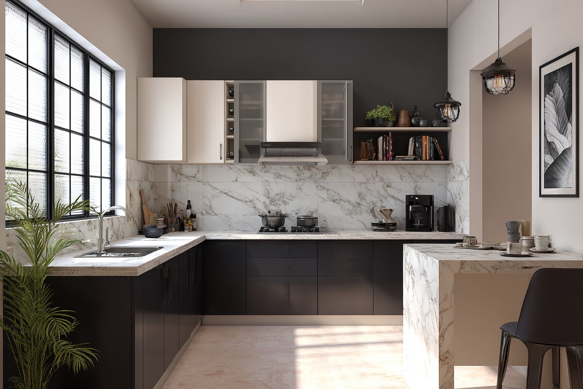Subtle Black and White Wall Colour Combination for Kitchen with Marble Countertop and Modular Cabinets Subtle Black and White Wall Colour Combination for Kitchen with Marble Countertop and Modular Cabinets