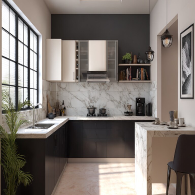 Subtle Black and White Wall Colour Combination for Kitchen with Marble Countertop and Modular Cabinets