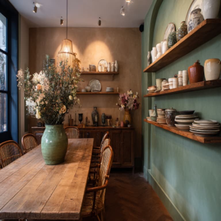 Subtle Brown and Green Wall Colour Combination for Dining Room with Wooden Table and Vintage Crockery